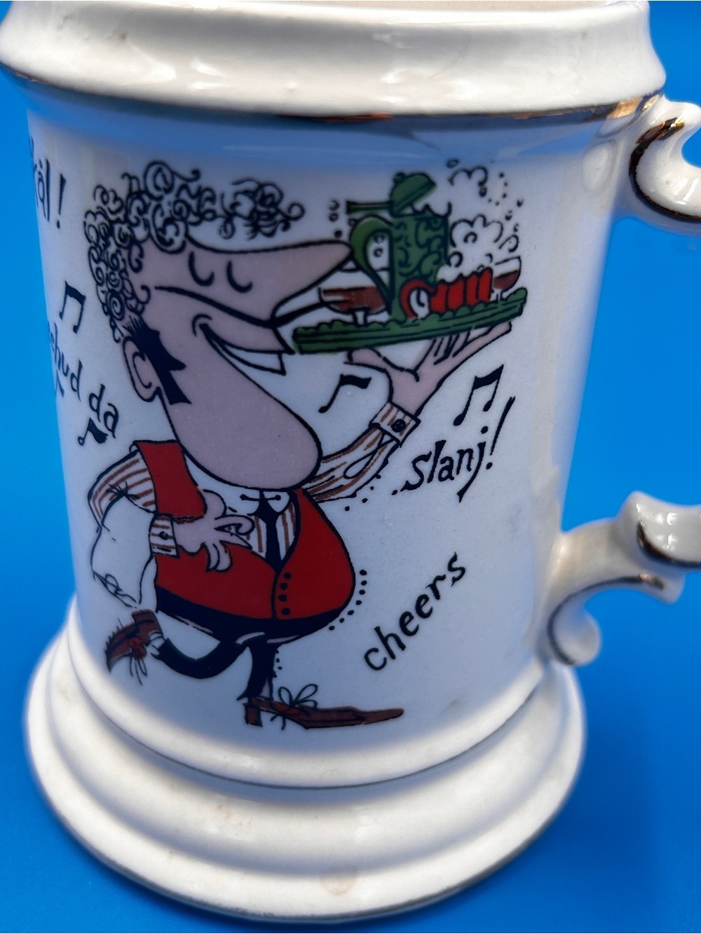 White Ceramic Beer Stein with Red Vest Cartoon Design 33/7885k